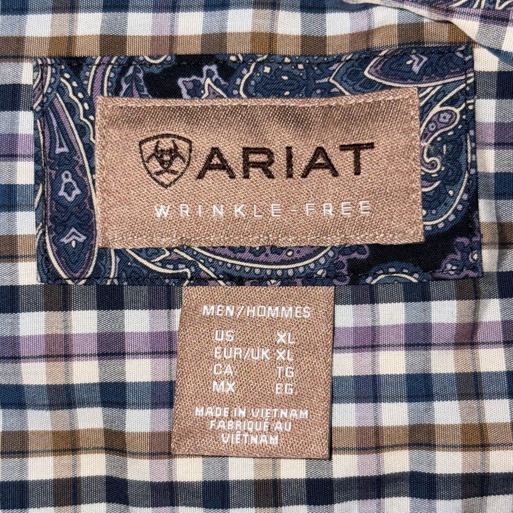 NWT Ariat Shirt Mens XL Purple Plaid Wrinkle Free Paisley Flip Cuff Button Down - Picture 9 of 12